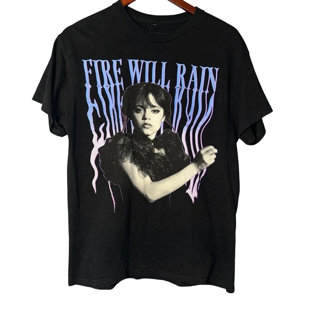 Wednesday T-Shirt Mens M Black Fire Will Rain Horror Graphic Wednesday Addams